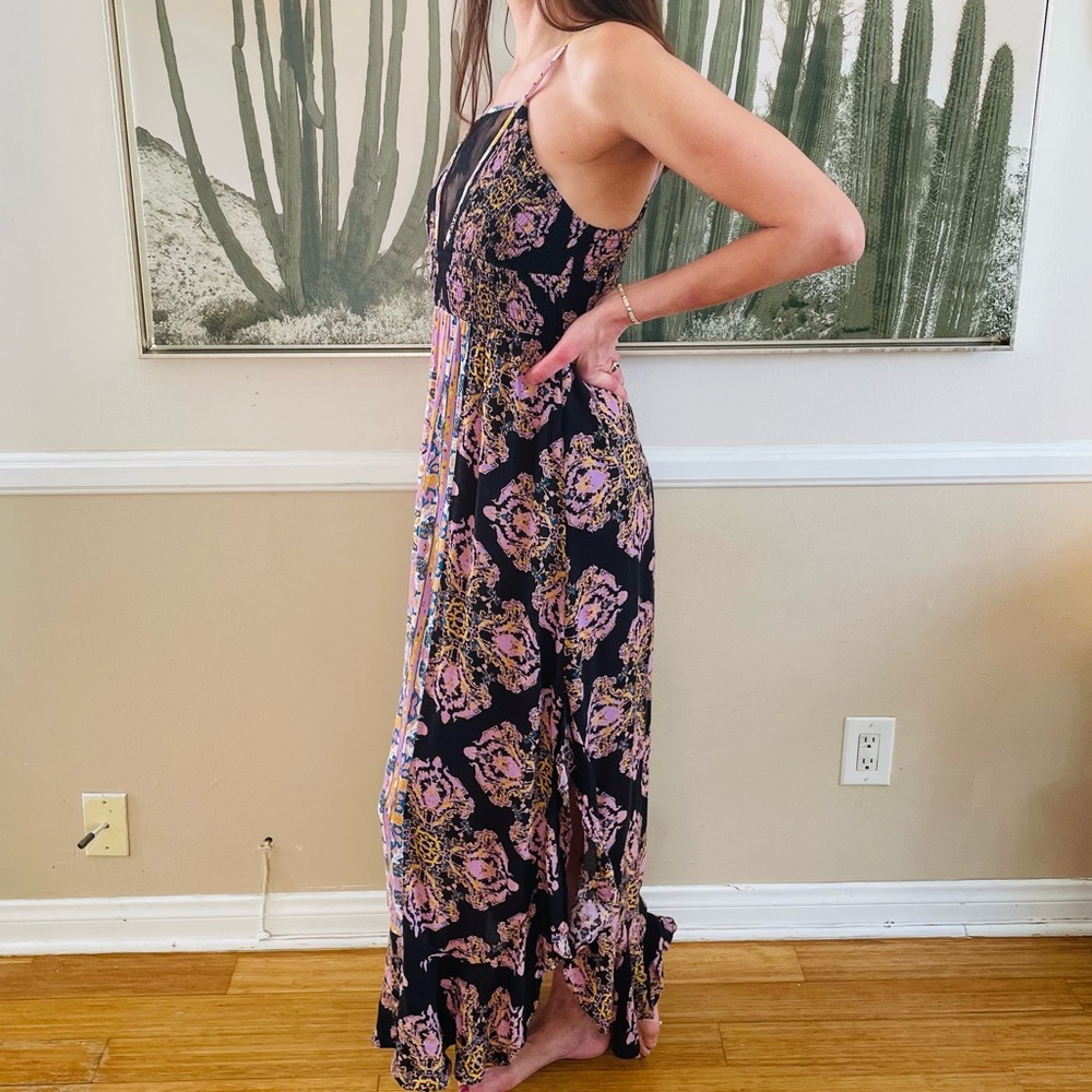 Free People That Moment Maxi Slip, Lace Insert,  Ruffle Hem, Black Floral, Small